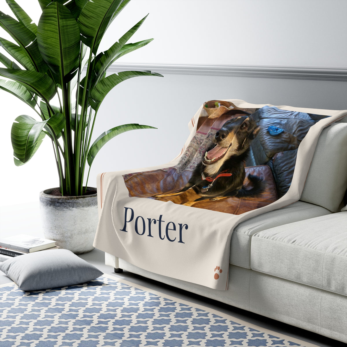 Custom Pet Portrait Blanket with Name | Personalized Sherpa Fleece Dog & Cat Photo Blanket